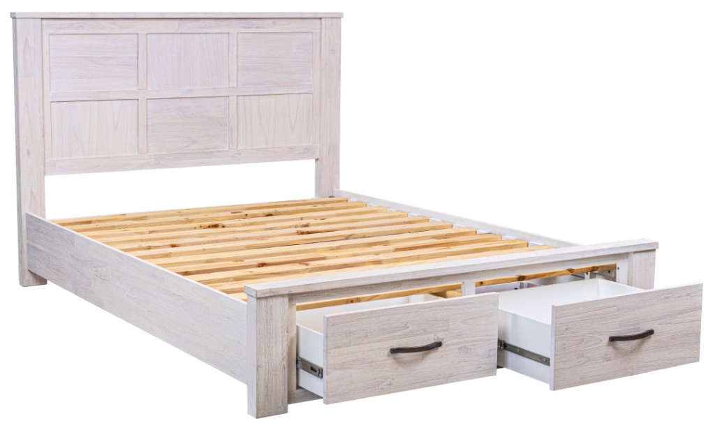 "Avalon" Hamptons Style Coastal Timber Queen Bed with Storage at Footboard, Whitewash (RRP $1999) - Image 3