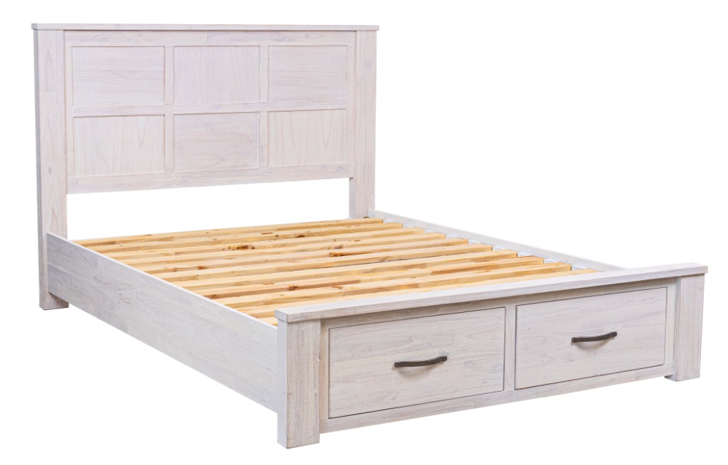 "Avalon" Hamptons Style Coastal Timber Queen Bed with Storage at Footboard, Whitewash (RRP $1999) - Image 5