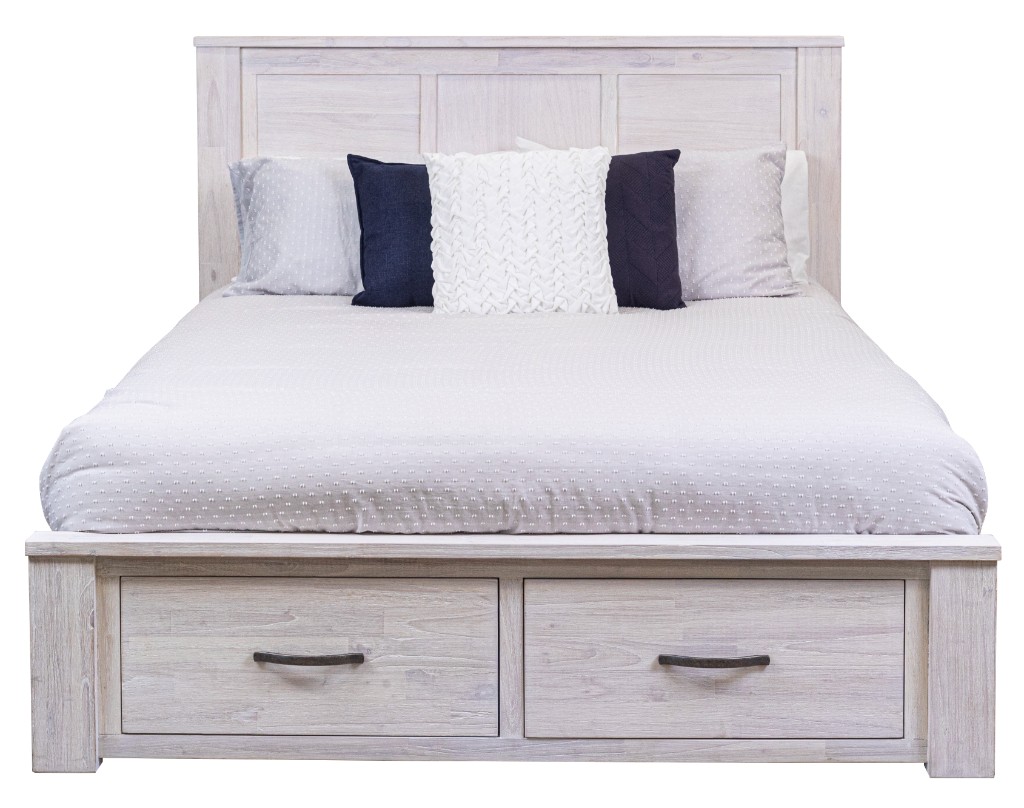 "Avalon" Hamptons Style Coastal Timber Queen Bed with Storage at Footboard, Whitewash (RRP $1999)