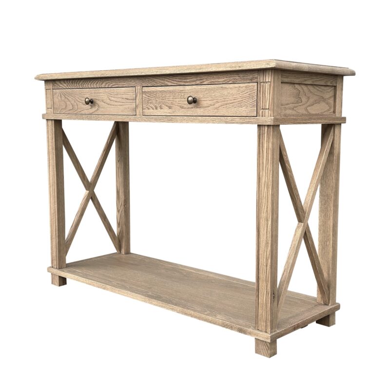 "Noosa" Hamptons Style Solid Timber Hall Table Weathered Oak, 110cmW x 40cmD x 80cmH (RRP $1499)