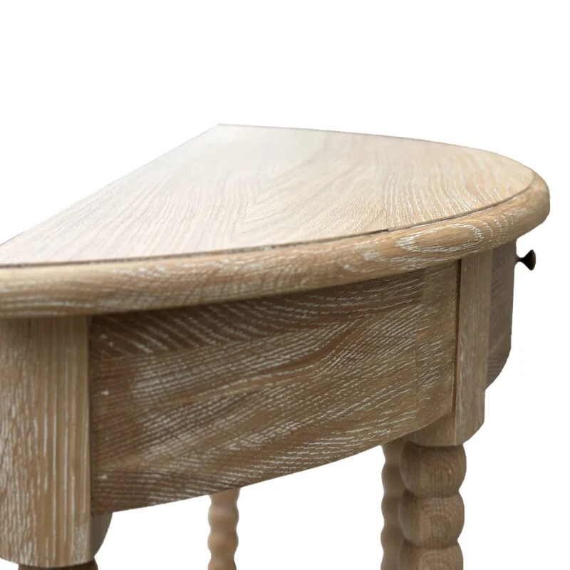 "Bobbin" Hamptons Style Timber Curved Hall Console Table Whitewashed Oak, 100cmW x 35cmD x 81cmH (RRP $1299) - Image 3