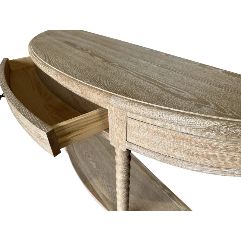 "Bobbin" Hamptons Style Timber Curved Hall Console Table Whitewashed Oak, 140cmW x 42cmD x 80cmH (RRP $1899) - Image 4