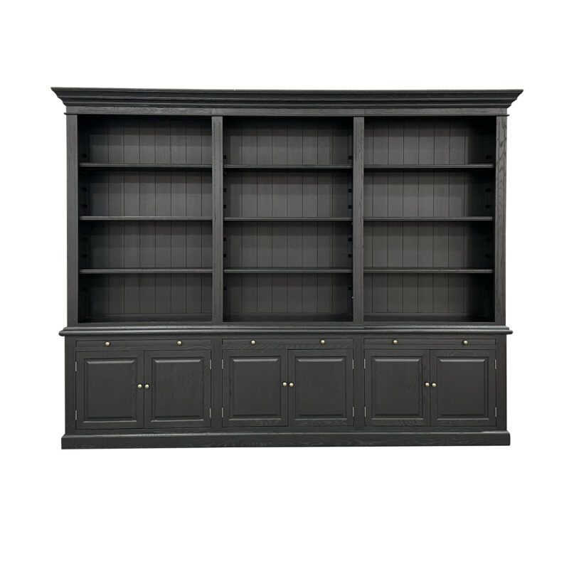 "Daydream" Hamptons Style 3-Bay Timber Library Bookcase Black Oak Finish, 300cmW x 43cmD x 230cmH (RRP $8999)