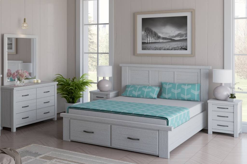 "Avalon" Coastal Style Timber King Bed, Dresser & Bedsides Package, Whitewash (RRP $4399)