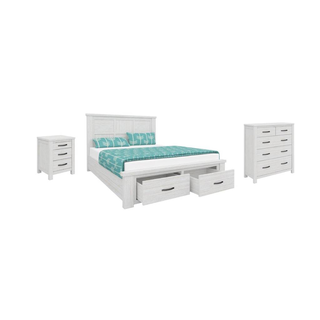 "Avalon" Coastal Style Timber King Bed, Tallboy & Bedsides Package, Whitewash (RRP $4099)