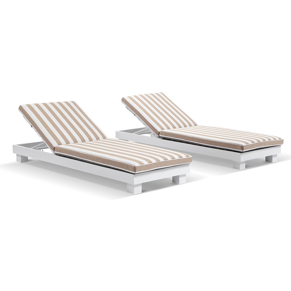 "Hawaii" Hamptons Style Aluminium Sun Lounge Set in White with Sunbrella Beige & White Cushions (RRP $3599)