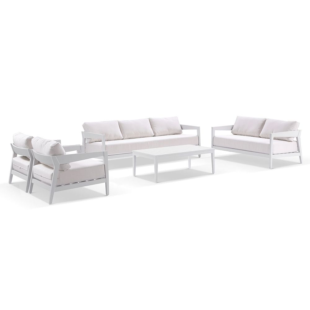 Clontarf 3+2+1+1 Outdoor Aluminium Lounge Setting with Coffee Table, White with Sunbrella White Cushions