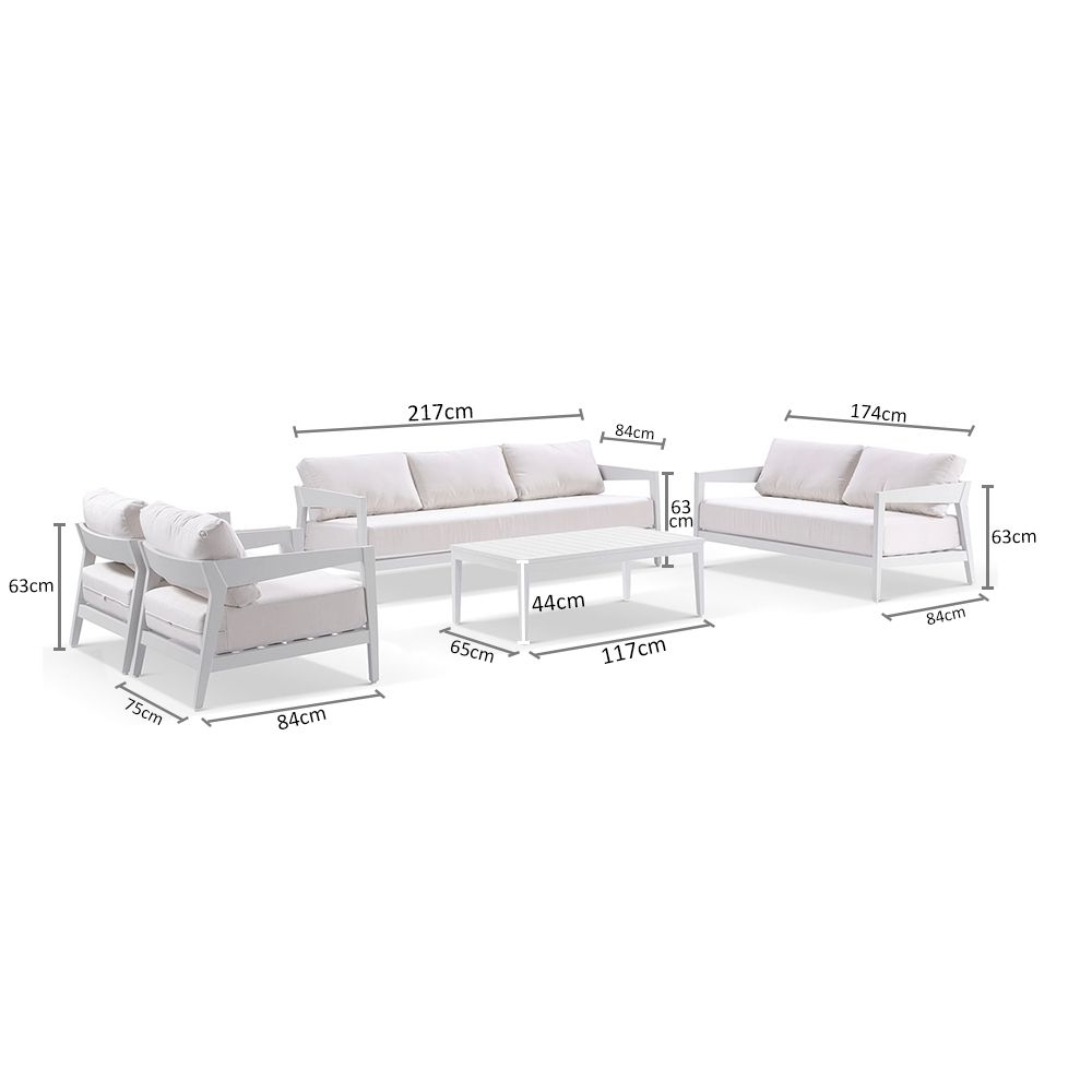 Clontarf 3+2+1+1 Outdoor Aluminium Lounge Setting with Coffee Table, White with Sunbrella White Cushions - Image 2