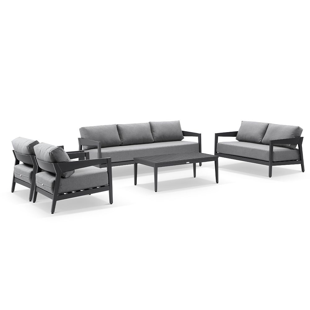 Clontarf 3+2+1+1 Outdoor Aluminium Lounge Setting with Coffee Table, Charcoal with Sunbrella Cast Slate Cushions