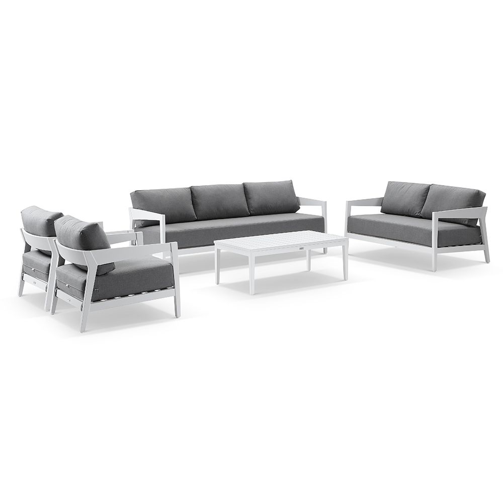 Clontarf 3+2+1+1 Outdoor Aluminium Lounge Setting & Coffee Table, White with Sunbrella Cast Slate Cushions