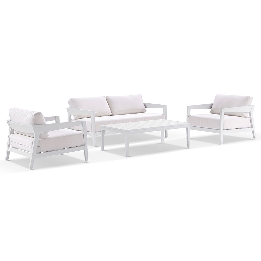 Clontarf 2+1+1 Outdoor Aluminium Lounge Setting & Coffee Table, White with Sunbrella White Cushions