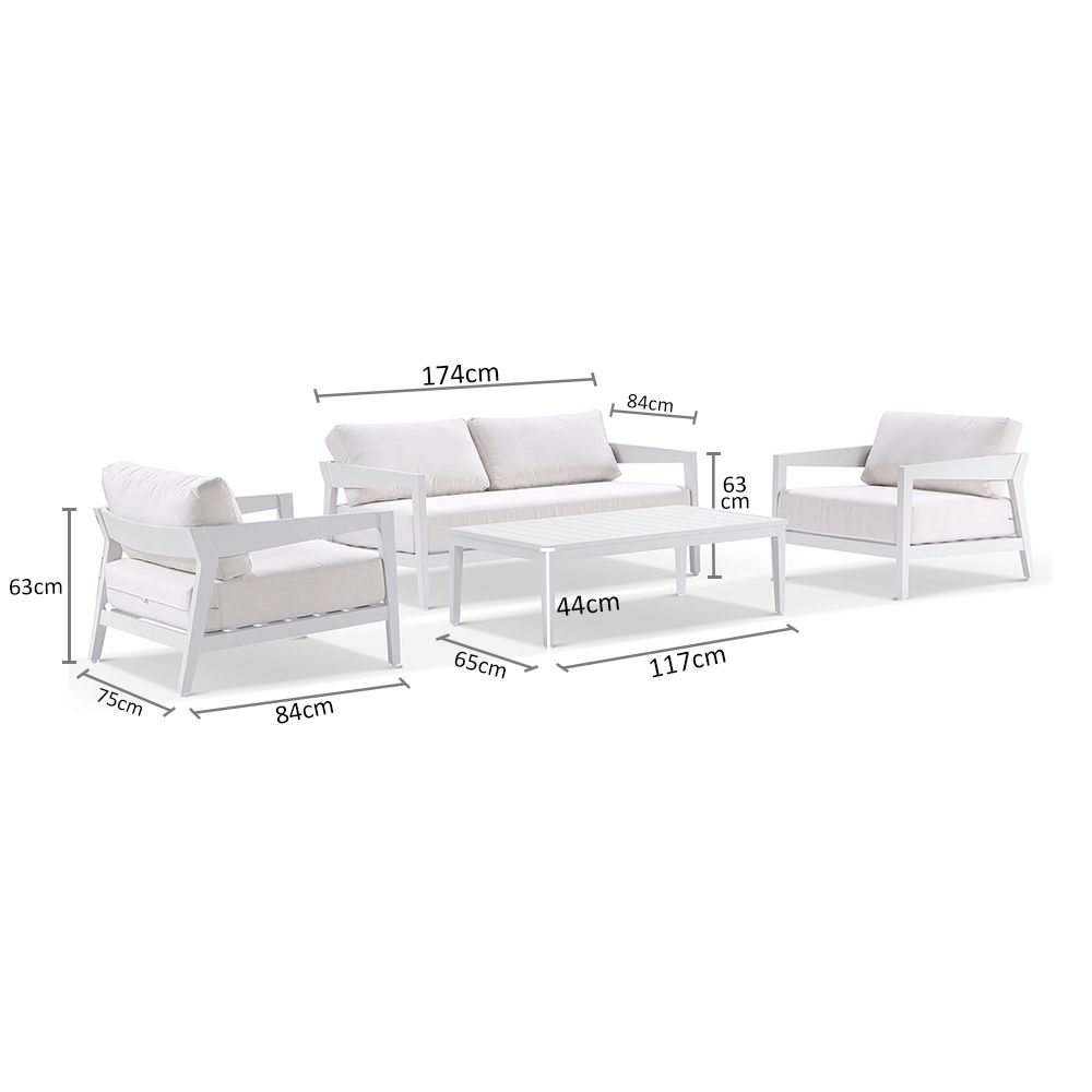 Clontarf 2+1+1 Outdoor Aluminium Lounge Setting & Coffee Table, White with Sunbrella White Cushions - Image 2