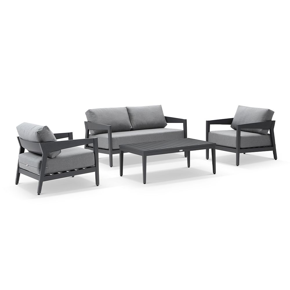 Clontarf 2+1+1 Outdoor Aluminium Lounge Setting & Coffee Table, Charcoal with Sunbrella Cast Slate Cushions