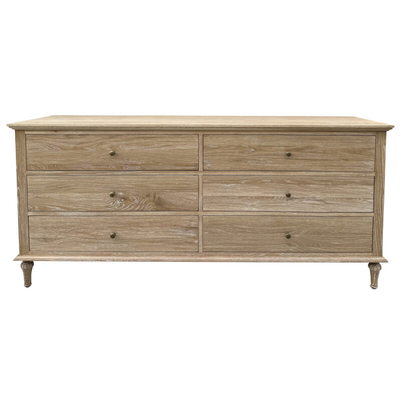 "Hampshire" Hamptons Style Solid Timber 6 Drawer Dresser, Whitewashed Oak 183cmW x 53cmD x 84cmH (RRP $2999)