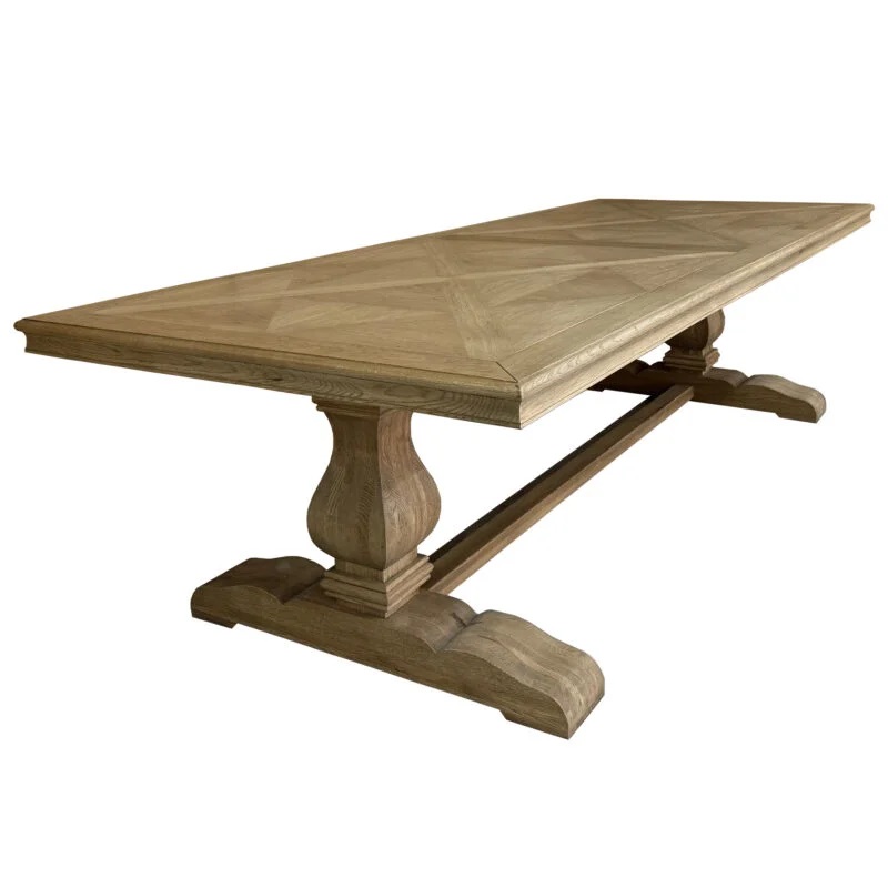 Bordeaux Oak Trestle Hamptons Style Hardwood Timber Parquet Dining Table Pedestal Base, Weathered Oak 300cmW x 120cmD x 78cmH (RRP $5499)