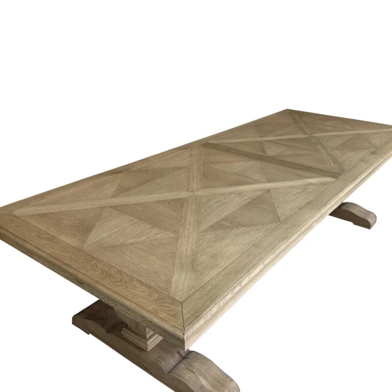 Bordeaux Oak Trestle Hamptons Style Hardwood Timber Parquet Dining Table Pedestal Base, Weathered Oak 300cmW x 120cmD x 78cmH (RRP $5499) - Image 2