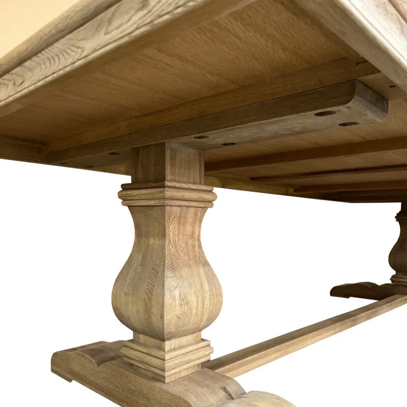 Bordeaux Oak Trestle Hamptons Style Hardwood Timber Parquet Dining Table Pedestal Base, Weathered Oak 300cmW x 120cmD x 78cmH (RRP $5499) - Image 4