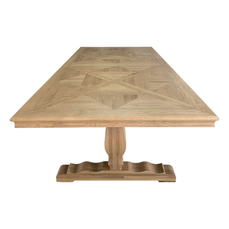 Sophia Oak Trestle Hamptons Style Hardwood Parquet Timber Dining Table Pedestal Base, Natural Oak 300x120x78cm (RRP $5499)