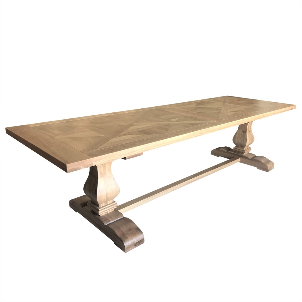 "Bordeaux" Hamptons Style Oak Parquetry Dining Table with Pedestal Base, Natural Oak 300x100x77cm (RRP $5299)