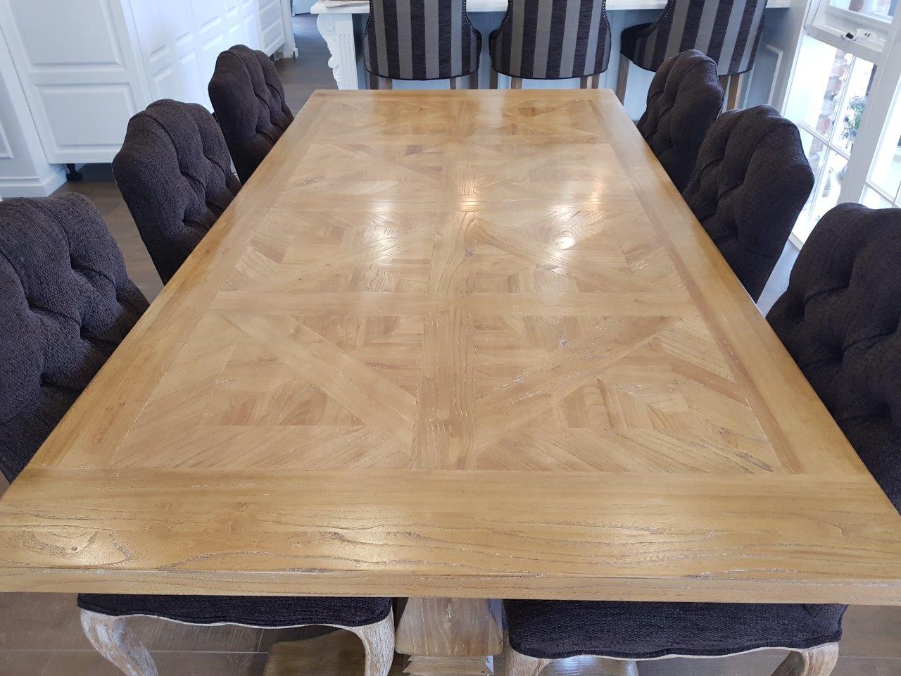 "Maison" Hamptons Style Dining Table Pedestal Base Reclaimed Elm, Distressed White Base 245cmW x 105cmD x 77cmH (RRP $3199) - Image 3