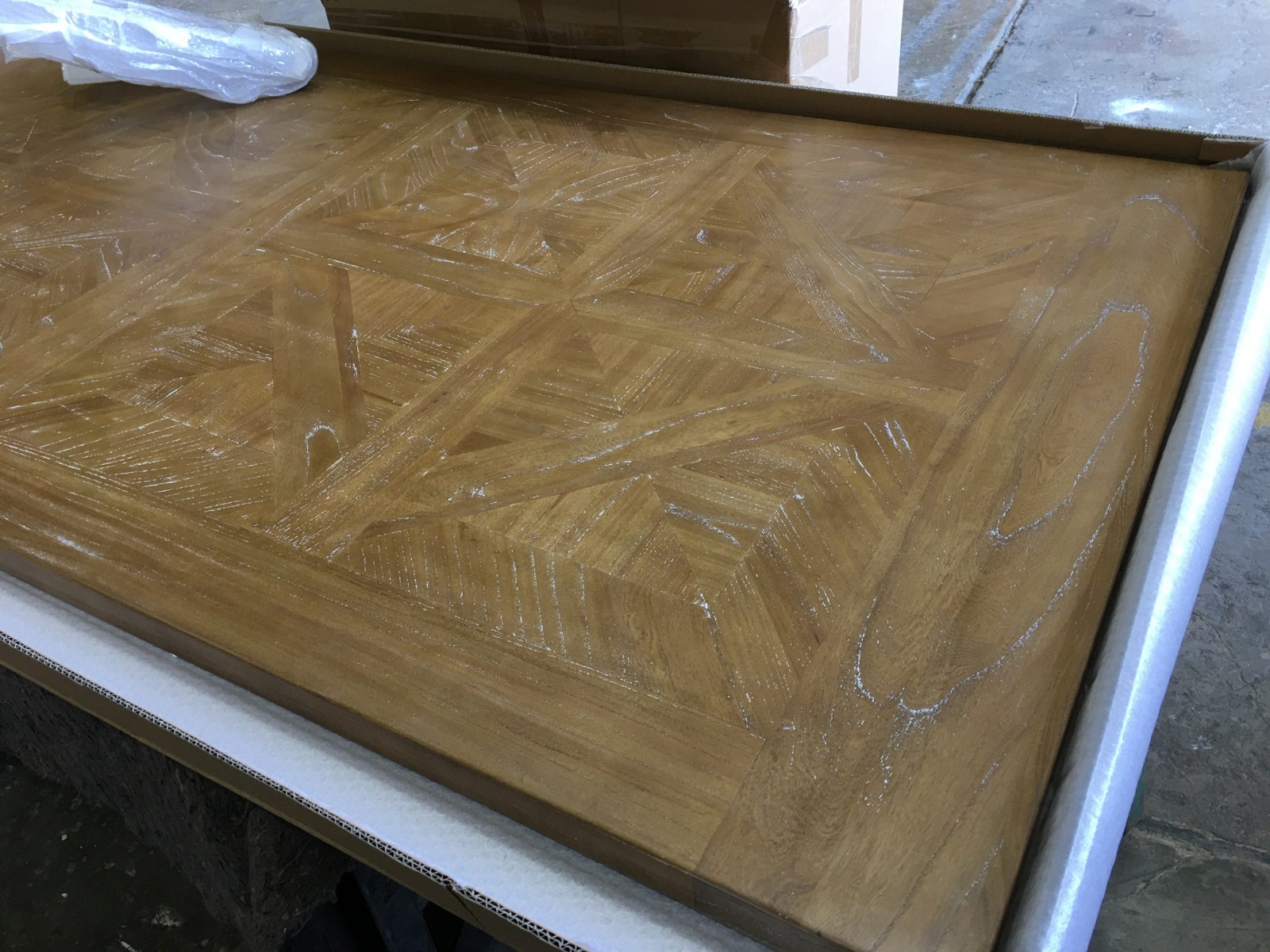 "Maison" Hamptons Style Dining Table Pedestal Base Reclaimed Elm, Distressed White Base 245cmW x 105cmD x 77cmH (RRP $3199) - Image 4