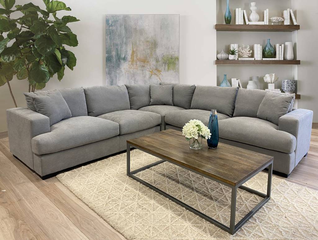 "Hamilton" Superior Comfort Fabric & Feather Corner Modular Lounge, LIght Grey W268 x D268 x H86 CM (RRP $3499)