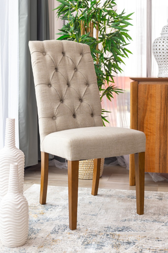 "Felicity" Hampton Style French Provincial Buttoned Dining Chair, Linen with Natural timber legs (RRP $449)