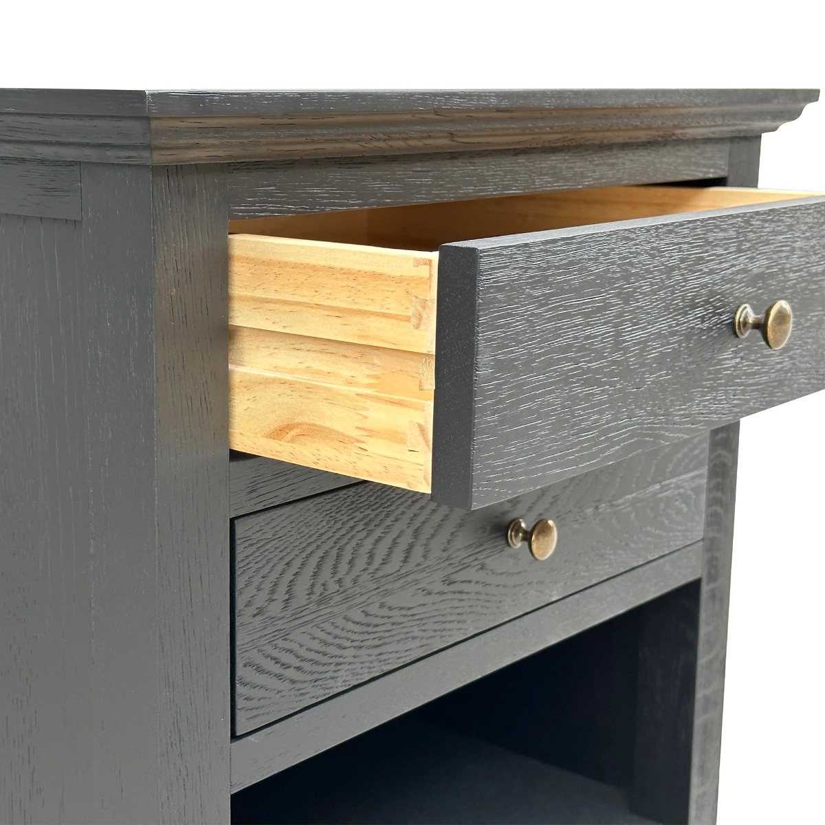"Hampshire" Hamptons Style Solid Timber 2 Drawer Bedside Table, Black Oak 60cmW x 49cmD x 71cmH (RRP $999) - Image 3