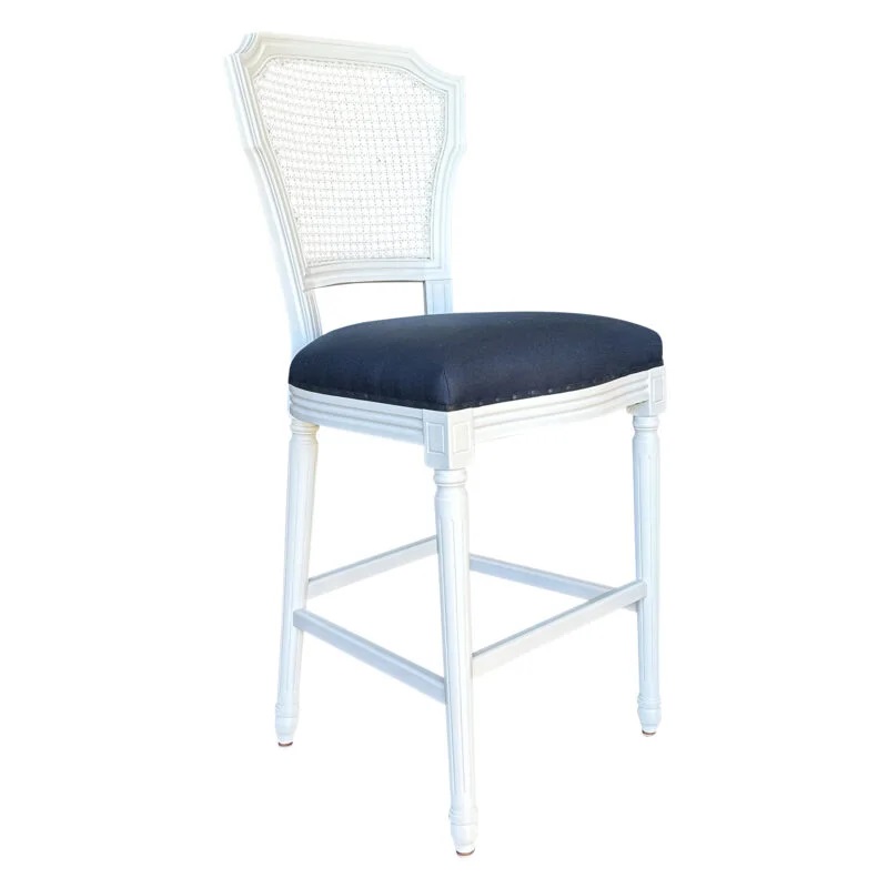 "Marseille" Hamptons Style Linen Fabric & Oak Timber Barstool, White & Navy (RRP $799)