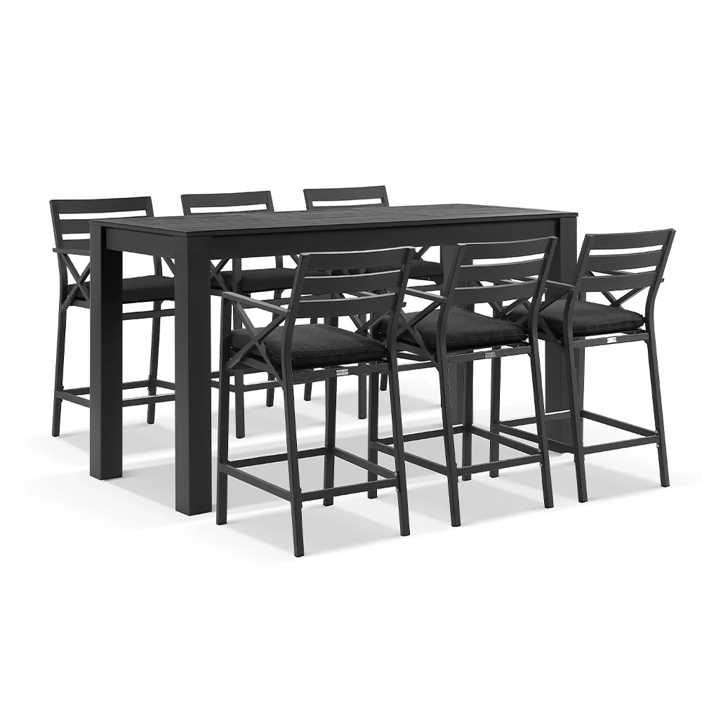 "Montego Bay" Hamptons Style Outdoor Aluminium 2m Bar Table with 6 Bar Stools, Charcoal (RRP $3699)