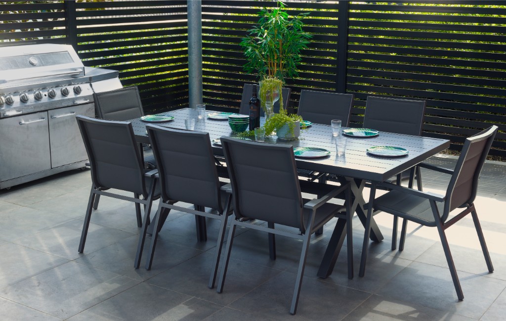 "Avoca" Resort Style Outdoor Aluminium 9 Piece Dining Setting Charcoal, 220cm x 100cm (RRP $2999)