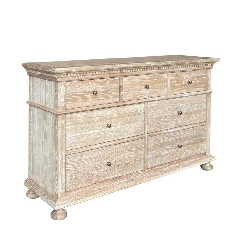 "South Hampton" Hamptons Style Solid Oak Timber 7 Drawer Chest, Whitewashed Oak 152cmW x 46cmD x 91cmH (RRP $2999)