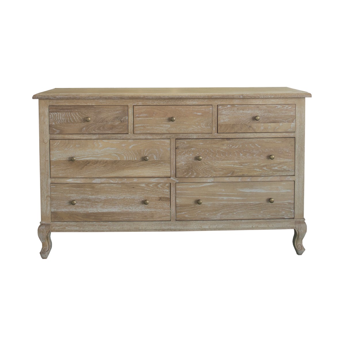 "Adele" Hamptons Style Solid Oak Timber 7 Drawer Chest, Whitewashed Oak 140cmW x 47cmD x 85cmH (RRP $2799)