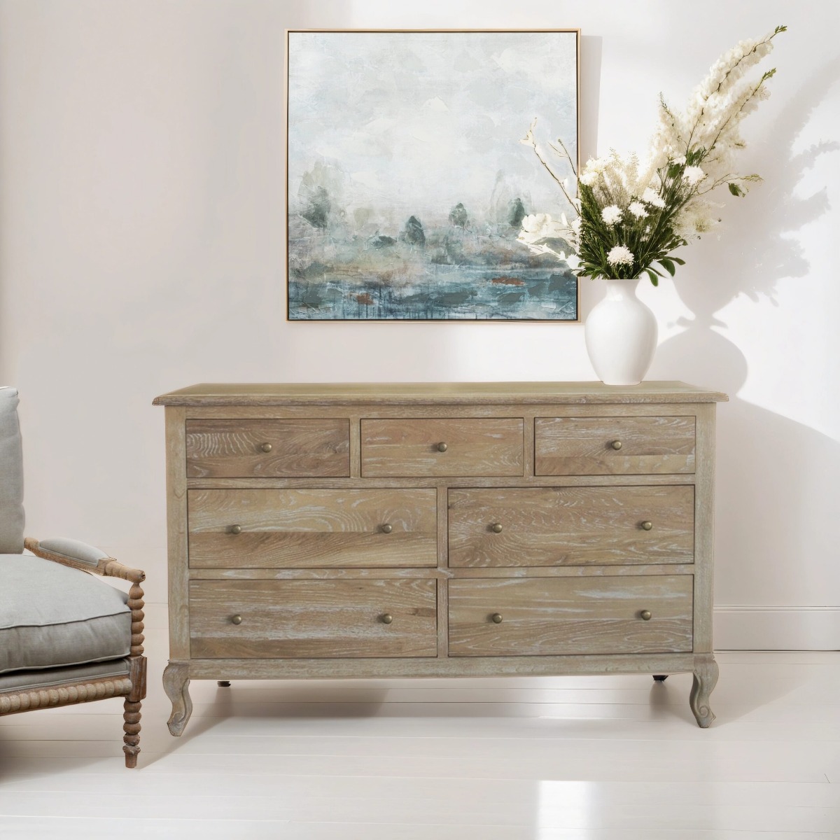"Adele" Hamptons Style Solid Oak Timber 7 Drawer Chest, Whitewashed Oak 140cmW x 47cmD x 85cmH (RRP $2799) - Image 4