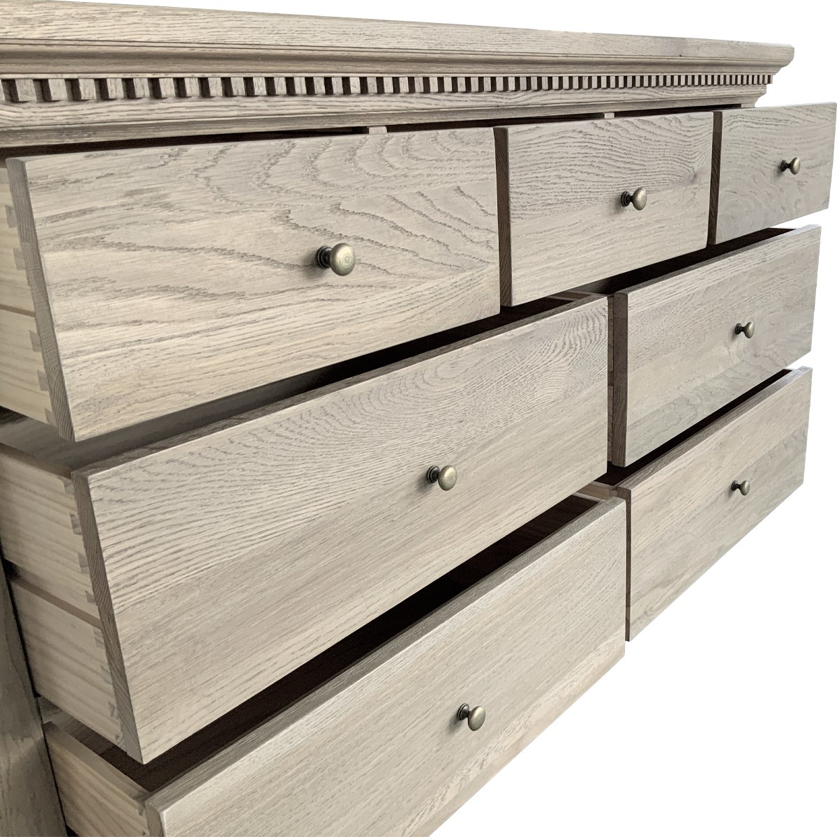 "South Hampton" Hamptons Style Solid Oak Timber 7 Drawer Chest, Weathered Oak 152cmW x 46cmD x 91cmH (RRP $2999) - Image 2