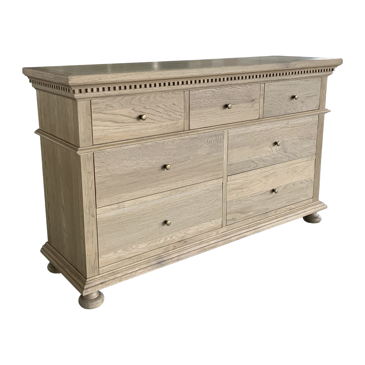 "South Hampton" Hamptons Style Solid Oak Timber 7 Drawer Chest, Weathered Oak 152cmW x 46cmD x 91cmH (RRP $2999) - Image 3