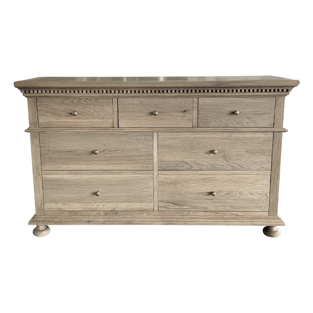 "South Hampton" Hamptons Style Solid Oak Timber 7 Drawer Chest, Weathered Oak 152cmW x 46cmD x 91cmH (RRP $2999)