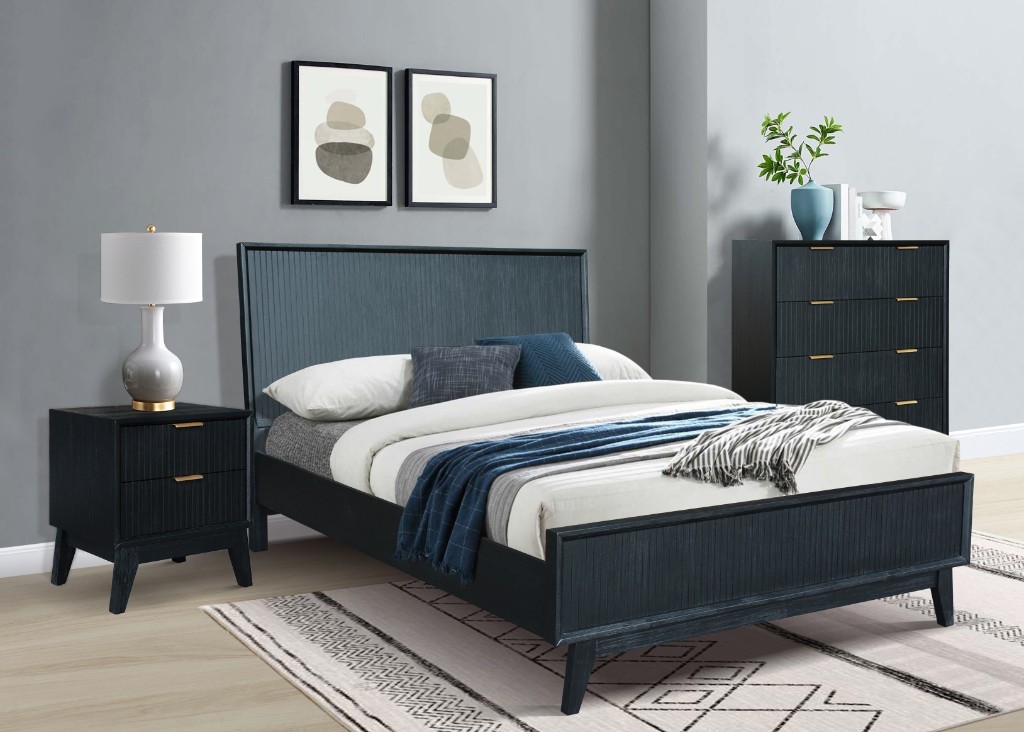 "Ellie" Hamptons Style Queen Bed, Bedsides & Tallyboy Package, Black Solid Acacia (RRP $3999)