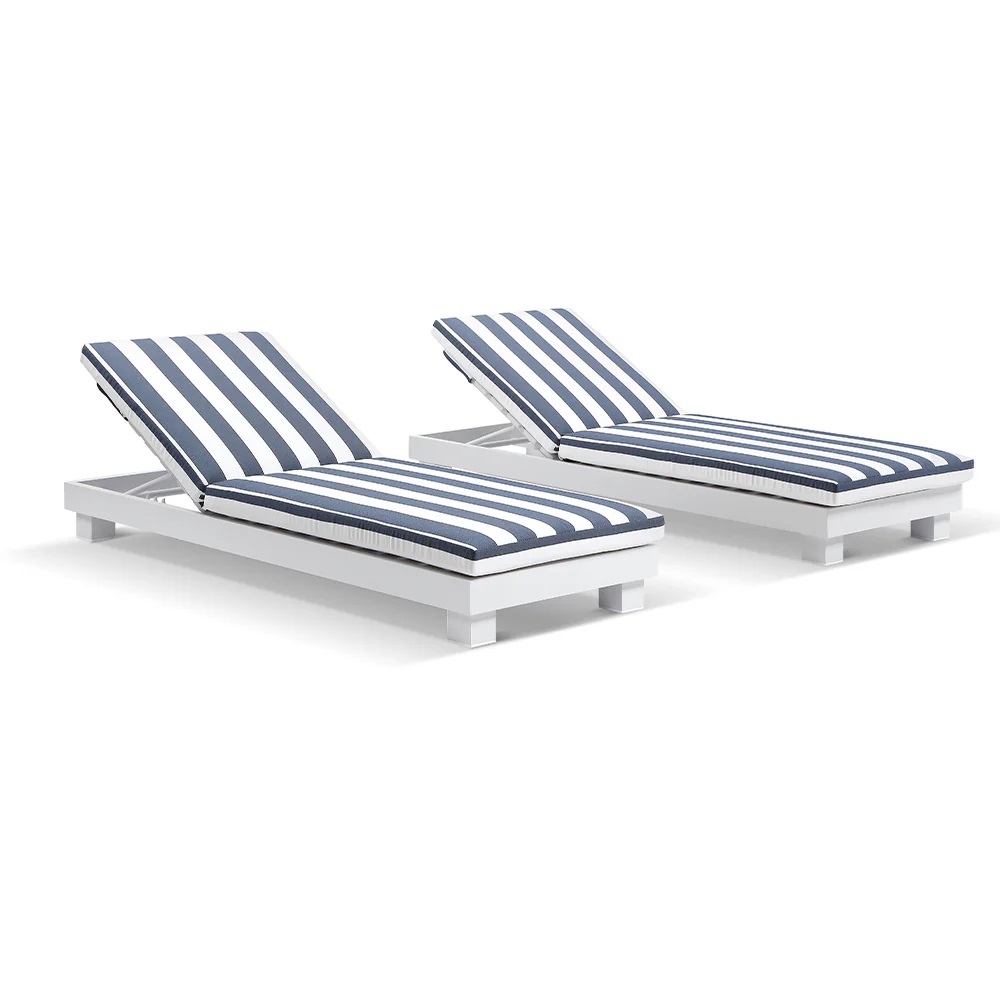 "Hawaii" Hamptons Style Aluminium Sun Lounge in White with Navy & White Stripe Cushions SET OF 2 (RRP $3499)