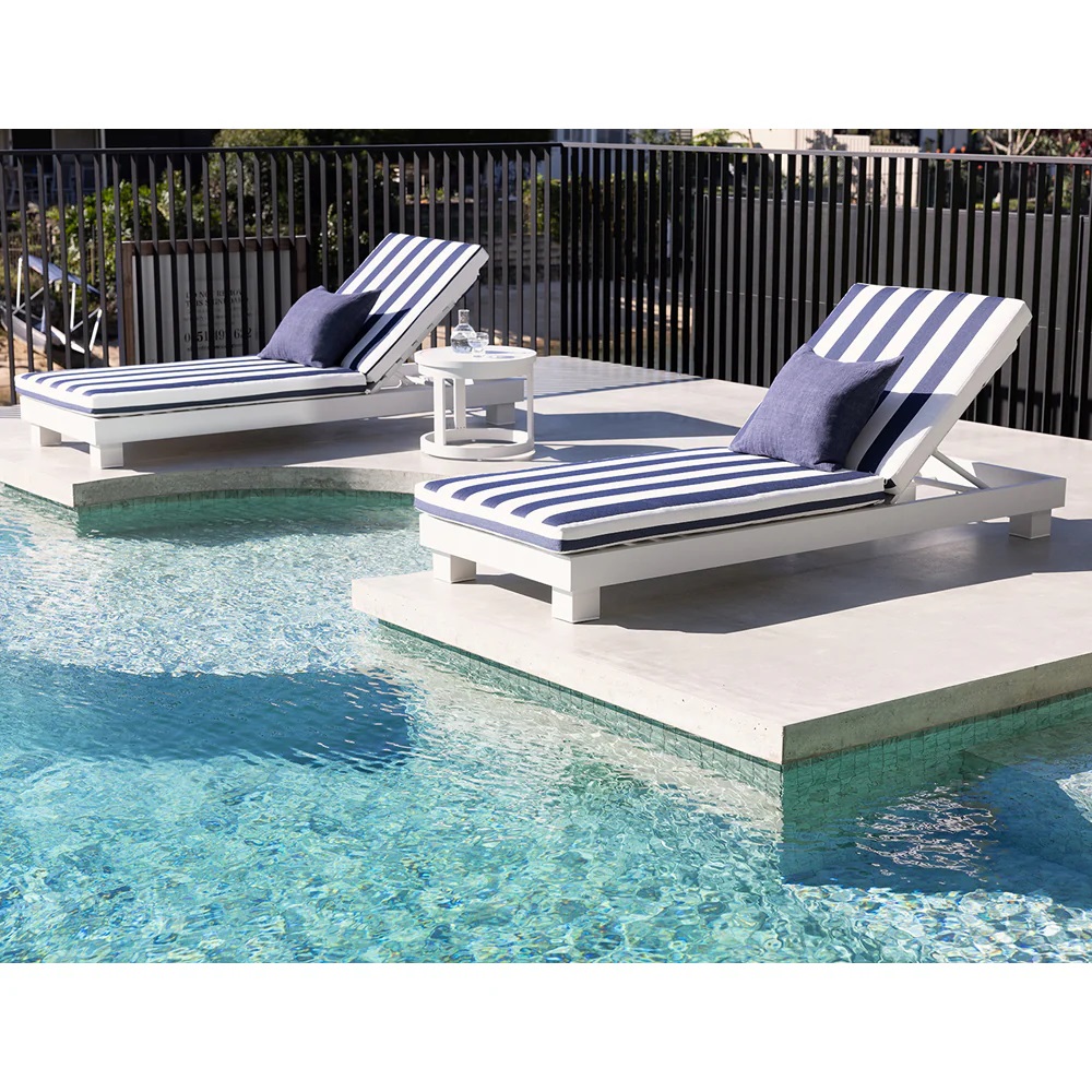 "Hawaii" Hamptons Style Aluminium Sun Lounge in White with Navy & White Stripe Cushions SET OF 2 (RRP $3499) - Image 2