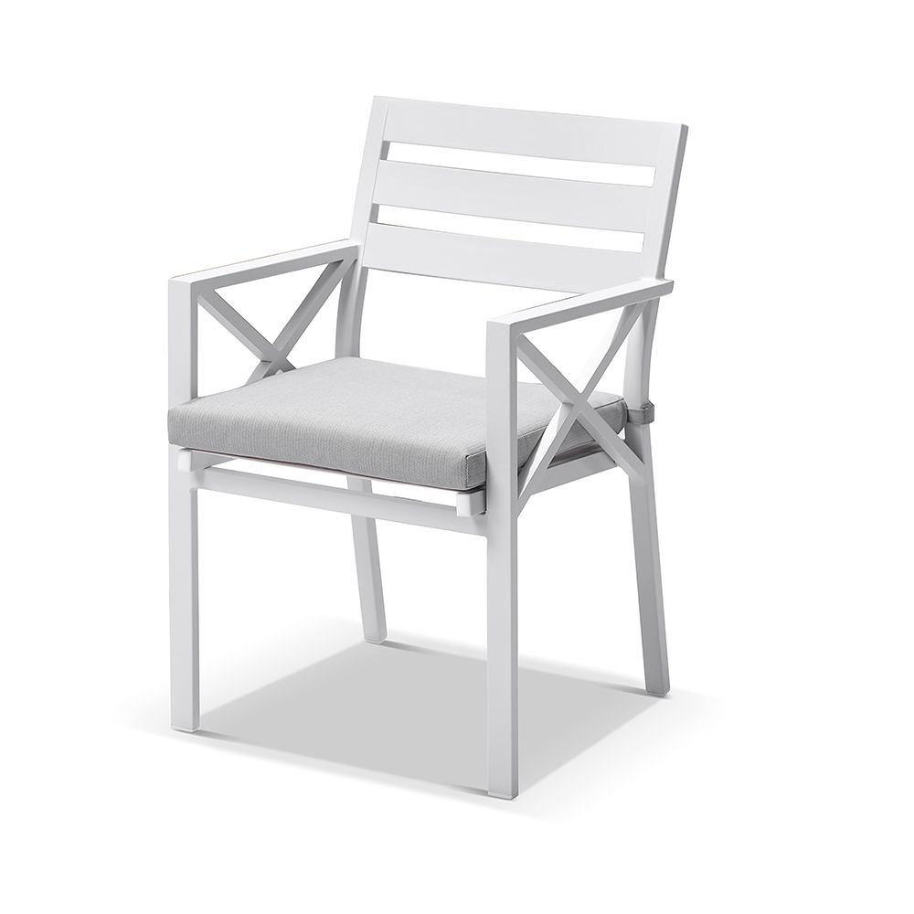 "Montego Bay" Hamptons Style Outdoor Ceramic & Aluminium 2m Dining Setting with 6 Chairs White with Grey Cushions (RRP $3999) - Image 3