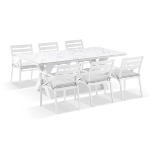 wp-image-tigress-44895.jpg "Montego Bay" Hamptons Style Outdoor Ceramic & Aluminium 2m Dining Setting with 6 Chairs White with Grey Cushions (RRP $3999)
