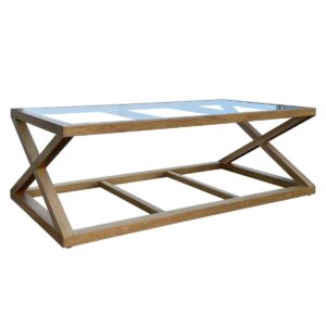 "Mirage" Hamptons Style Solid Oak Timber Glass Top Coffee Table, Natural Oak (RRP $1499)