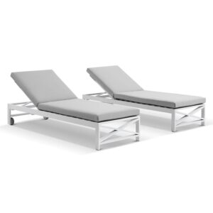 wp-image-tigress-45111.jpg "Montego Bay" Hamptons Style Aluminium Set of 2 Sun Lounges in White with Grey Cushions with wheels (RRP $3499)
