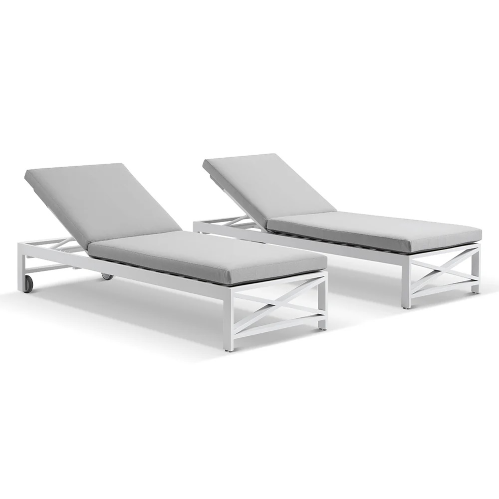 "Montego Bay" Hamptons Style Aluminium Set of 2 Sun Lounges in White with Grey Cushions with wheels (RRP $3499)