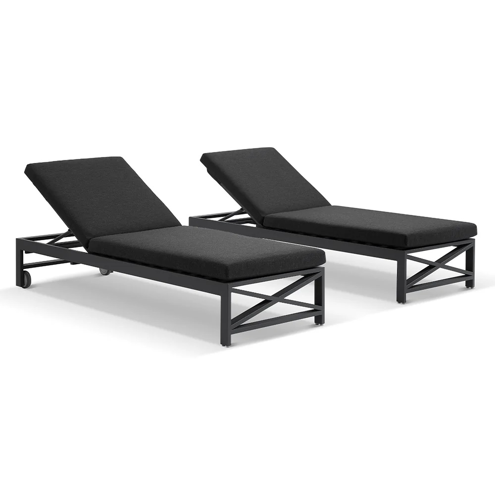 "Montego Bay" Hamptons Style Aluminium Set of 2 Sun Lounges in Charcoal with Dark Grey Cushions & Wheels (RRP $3499)