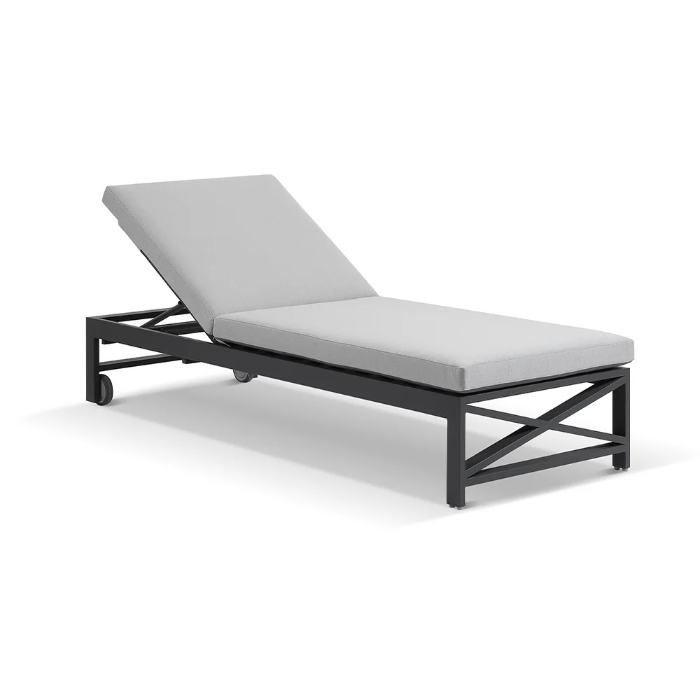 "Montego Bay" Hamptons Style Aluminium Sun Lounge Charcoal Light Grey Cushions with wheels (RRP $1999)