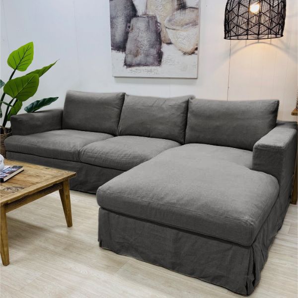 "Southampton" Hamptons Style Fabric 3 Seater Chaise Sofa Lounge Feather Filled with Removable Slip Covers, Hamptons Grey (RRP $4499)