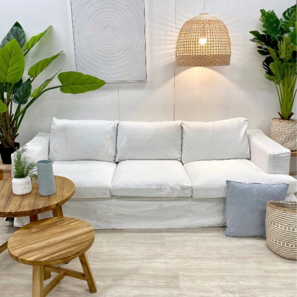 "Southampton" Hamptons Style Fabric 3 Seater Sofa Lounge Feather Filled with Removable Slip Covers, White (RRP $3499)