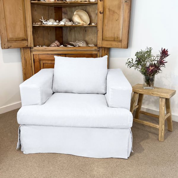 "Southampton" Hamptons Style Fabric Armchair Feather Filled with Removable Slip Covers, White (RRP $2499)